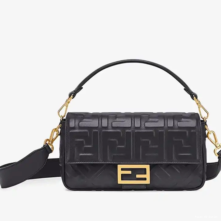 Affordable HOT Nappa Baguette Bag Motif In Leather Medium FF Fendi Black 0629